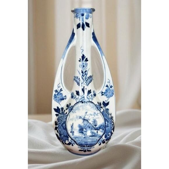 VINTAGE DELFT Blue & White N. Delft Dec 515” Double Handed Vase 11”Hand Paint - Picture 1 of 5